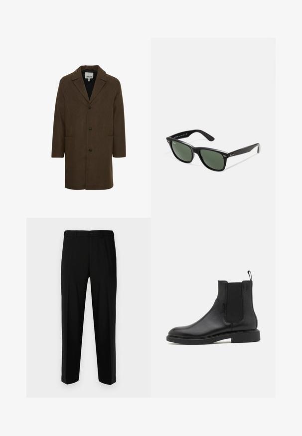 Brauner Wollmischungsmantel mit Reverskragen, Frontknöpfen und Seitentaschen. Verfügt über strukturierte Schultern und ein gerades Design.; Braunes kariertes Langarmhemd mit Button-Down-Kragen, mit lockerer Passform und leicht abgerundetem Saum. Der Stoff ist texturiert.; Schwarze Hosen aus glattem Stoff, mit geradem Schnitt, zwei vorderen Taschen und einem Reißverschluss mit Knopfverschluss.; Schwarze Leder-Ankle-Boots mit glatter Textur, elastischen Seitenpaneelen und einer Zuglasche. Runde Zehenpartie und flache Gummisohle mit minimalem Profil.; Schwarze Plastiksonnenbrille mit grünen Gläsern, quadratischen Rahmen, silbernem Akzent auf der Augenbraue und strukturierten Bügeln. Angegebene Marke auf dem inneren Bügel.