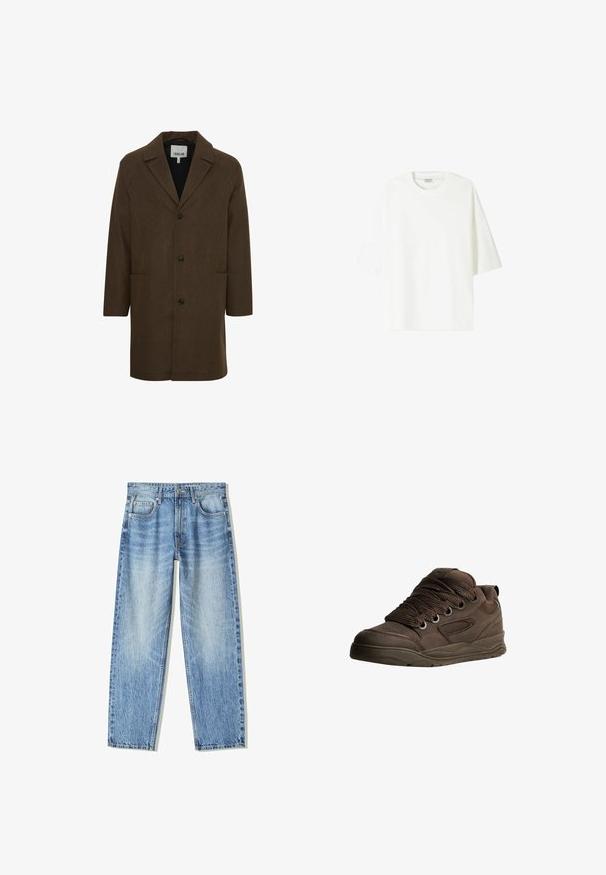 Hnědý kabát z vlněné směsi s klopovým límcem, předními knoflíky a postranními kapsami. Disponuje strukturovanými rameny a rovnými liniemi.; Bílá tričko s krátkým rukávem vyrobené z bavlny, se skládaným výstřihem a uvolněným střihem s rovním lemem.; Světle modré džíny z denimu s volným střihem, rovnými nohavicemi, pěti kapsami a bledým vzhledem. Obsahují přední zapínání na knoflík a zip.; Hnědé sportovní boty vyrobené z hladkého syntetického materiálu. Mají silné šňůrky, síťované detaily, polstrovaný límec a texturovanou gumovou podrážku.