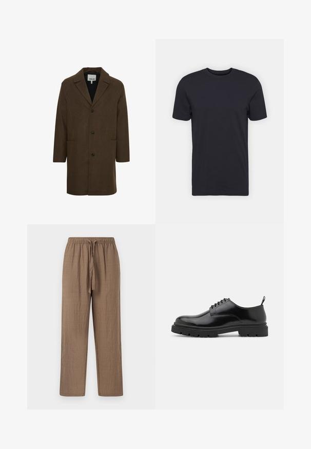 Abrigo de mezcla de lana marrón con cuello con muesca, botones en la parte delantera y bolsillos laterales. Presenta hombros estructurados y un diseño de corte recto.; Camiseta negra de algodón, de mangas cortas, con cuello redondo, color sólido, tela ligera, textura suave, sin patrones ni gráficos visibles.; Pantalones marrones, ligeros y tejidos con un acabado texturizado. Presentan una cinturilla elástica y un cordón para un ajuste ajustable. Diseño de pierna recta.; Zapatos de cuero negro con cordones, punta redonda, textura suave y suela de goma acanalada. Presentan un pequeño tacón y una pestaña en la parte posterior.