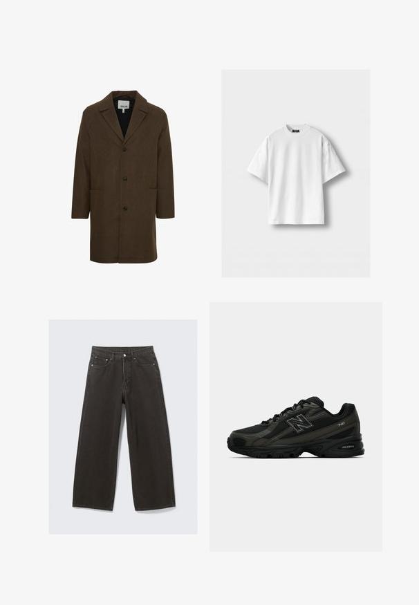 Brūns vilnas maisījuma mētelis ar izgriezumu ap kaklu, priekšējiem pogām un sānu kabatām. Iezīmē struktūrētu plecu un taisnu griezuma dizainu.; Balts kokvilnas T-krekls ar īsām piedurknēm, apaļu kakla izgriezumu un brīvu piegriezumu. Gluda tekstūra, bez rakstiem vai akcentiem.; Olive zaļa jaku no kokvilnas ar pogu priekšpusi, uzsistām apkaklēm un četriem kabatām. Iespējo relaksētu piegriezumu un mīkstu tekstūru.; Plati melni džinsi ar augstu jostas daļu, piecu kabatu dizainu un pogu aizdari. Audums ir mīksts un ar teksturētu apdari.; Melnas sporta kurpes ar teksturētu sintētisko virsu, ar mīkstinātu zoli un izteiktu "N" logotipu sānos. Dizains ietver vieglo sieta sekcijas.