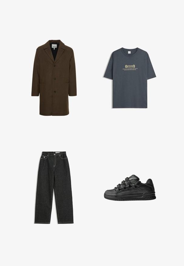 Cappotto in misto lana marrone con colletto a revers, bottoni frontali e tasche laterali. Presenta spalle strutturate e un design a taglio dritto.; T-shirt di cotone grigio scuro con maniche corte, colletto tondo e testo giallo in un carattere decorativo con un design a alloro.; Jeans neri a gamba dritta con cuciture bianche, design a cinque tasche, chiusura con bottone e cerniera, e un piccolo logo sulla tasca frontale destra.; Sneaker nere con una toma in pelle liscia, dettagli testurizzati e lacci tondi neri e bianchi. Suola spessa in gomma con battistrada gommato.