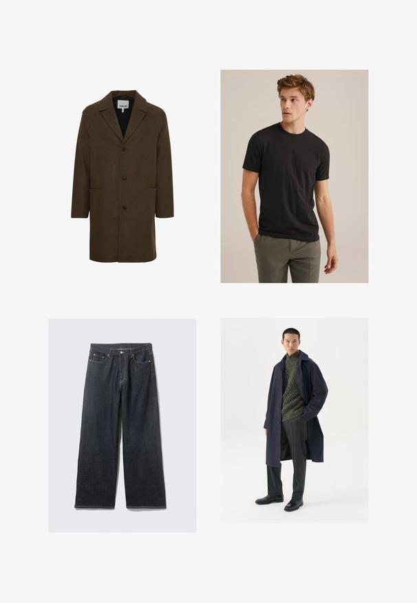 Palton din lână maro, cu guler decupat, butoane frontale și buzunare laterale. Dispune de umeri structurați și un design cu croială dreaptă.; Tânăr cu părul buclat de culoare brunet deschis, purtând un tricou negru cu mânecă scurtă și pantaloni gri, privind spre stânga cu mâinile în buzunare.; Jeans largi din denim închis la culoare, cu talie înaltă, având cusături portocalii contrastante, cinci buzunare și închidere cu buton în față.; Palton marin cu închidere cu nasturi, pulover verde texturat, pantaloni negri și cizme din piele negre.Țesătură netedă cu siluetă structurată.