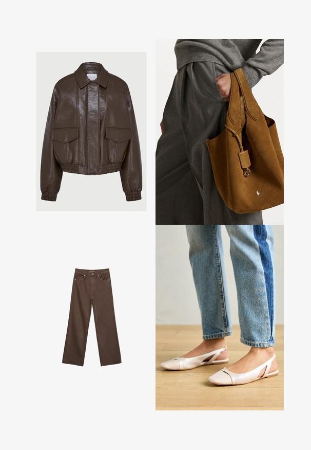 Smeđa jakna od umjetne kože, skraćena, s ovratnikom, elastičnim rukavima, dva prednja džepa i ukrasnim šavnim detaljima.; Tamno plavi pulover s V-izrezom, dugim rukavima, rebrastim manžetama i rubom. Izrađen od mekog pletenog materijala, sa opuštenim krojem i minimalnim dizajnom.; Proširene smeđe traperice od denima, s visokim strukom, prednjim džepovima i klasičnom kopčom na dugme. Glatka tekstura s suptilnim šavovima.; Svijetlo ružičaste slingback balerinke s šiljastim vrhom, izrađene od glatkog materijala nalik koži. Sadrže izrezane detalje sa strane i ravnu petu.; Smeđa suđena torba s okruglim oblikom, dvostrukim drškama i metalnim detaljem. Ima mali logo sprijeda.