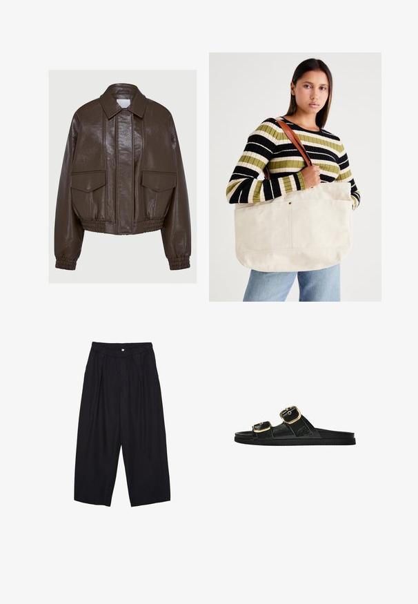 Hnědá koženka z umělé kůže, zkrácená bunda s límcem, elastickými manžetami, dvěma předními kapsami a dekoračními švy.; Černý top bez rukávů vyrobený z hladké látky, s kulatým výstřihem a přiléhavým střihem bez viditelných vzorů nebo ozdob.; Černé polyesterové culotte kalhoty s elastickým pasem, dvěma předními sklady a volným siluetou. Žádné viditelné vzory ani kovové detaily.; Černé kluzné sandály s dvěma zlatými sponami, hladkým texturovaným materiálem, plochou podrážkou a minimalistickým designem.; Velká béžová plátěná taška s hnědými koženými rukojeťmi, s minimalistickým designem a viditelnými švy.