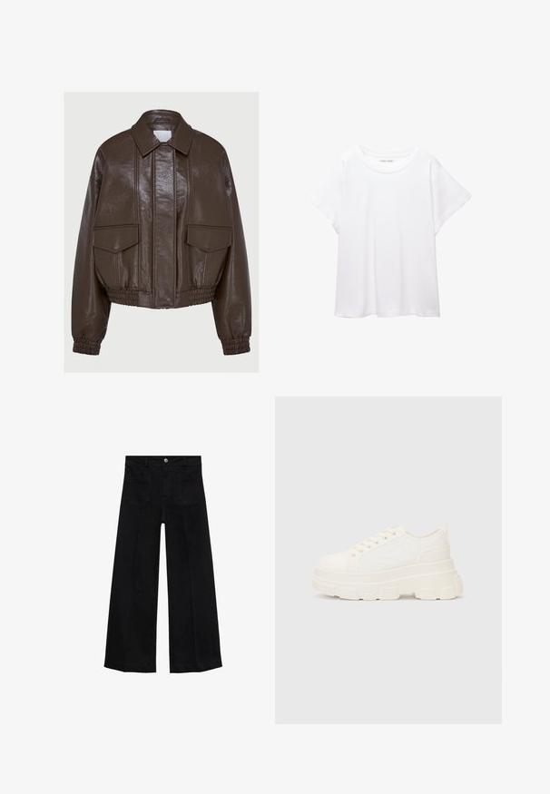 Bruine neplederen cropped jack met een kraag, elastische manchetten, twee voorzakken en decoratieve stiksels.; Witte T-shirt van zacht, lichtgewicht stof. Heeft een ronde halslijn en korte, brede mouwen met een ontspannen pasvorm. Geen zichtbare patronen.; Zwarte denim broek met wijde pijpen, hoge taille, voorzakken, ceintuurlussen en knoopsluiting.; Witte canvas sneaker met een stevige zool, ronde neus en vijf gaatjes voor veters. Achterste tab voor gemakkelijk aan- en uittrekken. Vloeibare textuur, minimalistisch ontwerp.