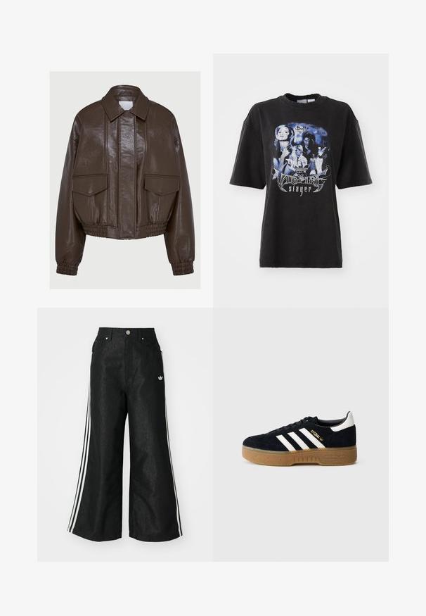 Brown faux leather cropped jacket with a collared neck, elasticated cuffs, two front pockets, and decorative stitching details.; Black oversized t-shirt made of cotton, featuring a graphic print in blue tones with images and text related to "Buffy the Vampire Slayer."; Black wide-leg denim pants with three white stripe accents on each side and a small white logo. Features front pockets and a button closure.; Black suede sneaker with white three stripes and gold branding. Gum sole with textured grip. Classic low-top design, rounded toe.