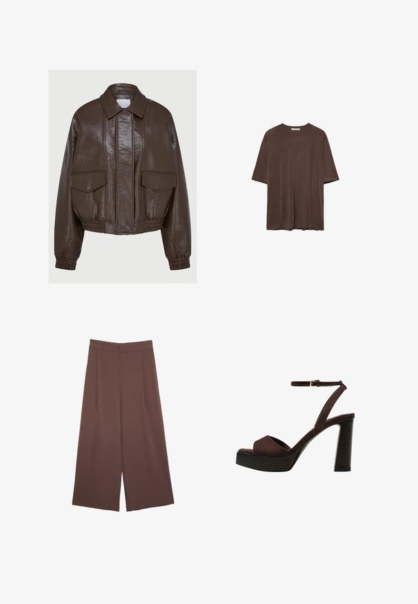 Giacca cropped in finta pelle marrone con colletto, polsini elastici, due tasche frontali e dettagli di cucitura decorativa.; T-shirt marrone a maniche corte realizzato in tessuto morbido, con scollo rotondo e vestibilità comoda. Texture liscia senza motivi o dettagli.; Pantaloni ampi marroni con una texture liscia, caratterizzati da una vita alta e pieghe frontali. Il tessuto è leggero e scorre liberamente.; Sandal in camoscio marrone con tacco alto, punta aperta, cinturino alla caviglia regolabile e suola a piattaforma striata.