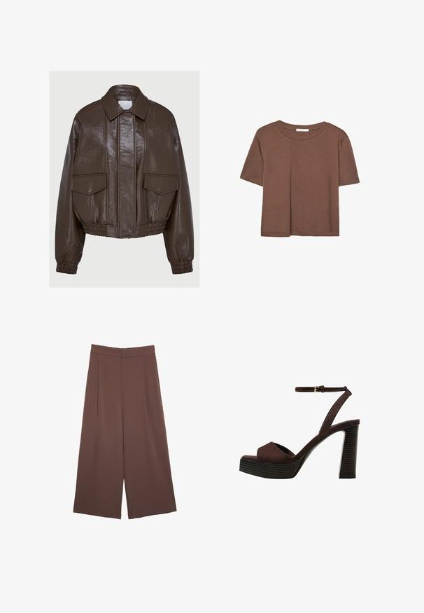 Giacca cropped in finta pelle marrone con colletto, polsini elastici, due tasche frontali e dettagli di cucitura decorativa.; Maglietta a maniche corte marrone realizzata in tessuto morbido, con scollatura rotonda e vestibilità rilassata. Nessun motivo o dettaglio visibile.; Pantaloni ampi marroni con una texture liscia, caratterizzati da una vita alta e pieghe frontali. Il tessuto è leggero e scorre liberamente.; Sandal in camoscio marrone con tacco alto, punta aperta, cinturino alla caviglia regolabile e suola a piattaforma striata.