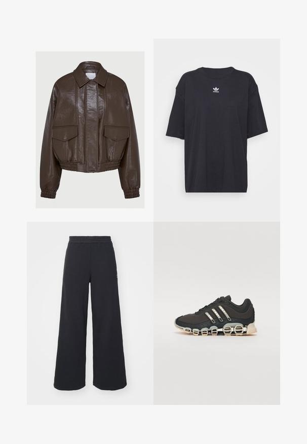 Giacca cropped in finta pelle marrone con colletto, polsini elastici, due tasche frontali e dettagli di cucitura decorativa.; T-shirt in cotone nero con maniche corte, scollatura rotonda, presenta un logo bianco Adidas sul petto. Design semplice, vestibilità rilassata.; Pantaloni felpati neri a gamba larga realizzati in tessuto morbido, con un elastico in vita e un piccolo logo sul lato sinistro.; Scarpa da ginnastica nera con tomaia testurizzata, tre strisce argentate e una suola ammortizzata distintiva con più sezioni integrate.