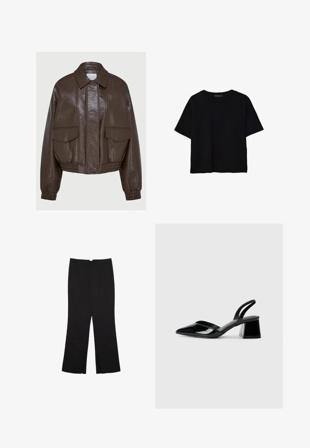 Giacca cropped in finta pelle marrone con colletto, polsini elastici, due tasche frontali e dettagli di cucitura decorativa.; T-shirt nera a maniche corte in cotone. Presenta un collo rotondo e una vestibilità ampia con una texture liscia e uniforme. Nessun motivo o accento visibile.; Pantaloni neri a gamba dritta, con tasche frontali e spacchi laterali all'orlo. Realizzati in tessuto morbido e liscio. Adatti a diverse occasioni.; Décolleté in vernice nera con punta affusolata e tacco in geometria cubica. Presentano un design elegante e minimalista, con una texture liscia.