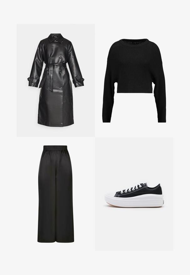 Vero Moda VMAMALIE LONG - Trenčkot - black; Černý zkrácený pletený svetr s volným střihem, širokým výstřihem a dlouhými rukávy, s texturovaným žebrovaným vzorem po celé délce.; Černé široké kalhoty vyrobené z hladké, lesklé látky, s elastickým pasem bez viditelných kapes nebo kovových detailů.; Černé plátěné tenisky s bílými tkaničkami, bílým gumovým špičkovým krytem a masivní bílou střední podrážkou. Mají jemné bílé švy a gumovou podešev.