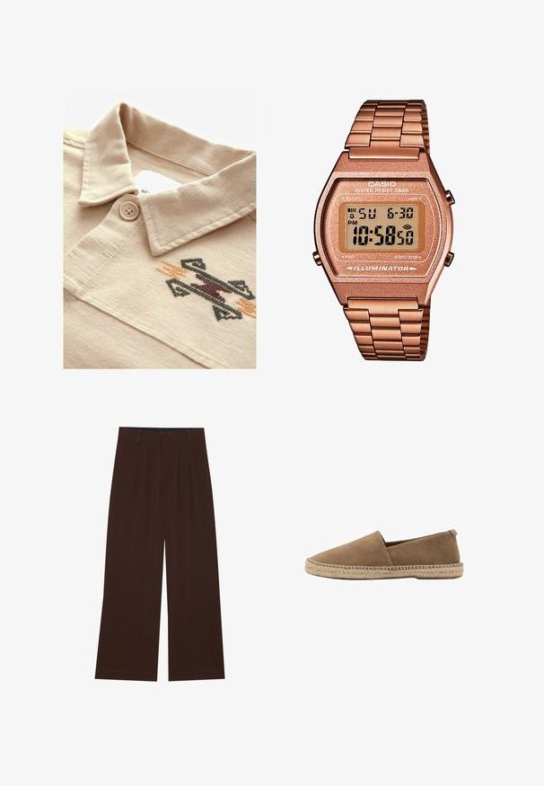 Beige polo shirt met een getextureerde stof, een knoopsluiting en een multicolore geborduurd geometrisch design nabij de kraag.; Drie crew-neck t-shirts in bruin, beige en olijfgroen. Gemaakt van zachte stof met korte mouwen en een relaxte pasvorm. Merkenlabel zichtbaar.; Bruine wijde broek met plooien. Gemaakt van een gladde stof, met een op maat gemaakt tailleband en zijzakken. Rechte zoom aan de onderkant.; Bruine suède instapschoen met een spitse neus, voorzien van een geweven jute zool en een kleine hak aan de achterkant voor ondersteuning. Soepele textuur en minimalistisch ontwerp.; Digitale Casio horloge met een roségouden metalen band, rechthoekige kast, verlicht display en waterdicht, toont tijd en datum.