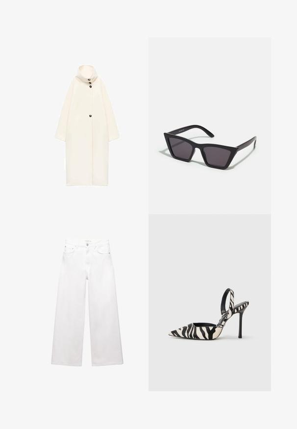 Pitkä, ylisuuria kerma väri takki, jossa on korkea kaulus, edessä napitus ja lyhyet hihat. Valmistettu pehmeästä, tekstuurisesta kankaasta. Yksinkertainen muotoilu.; Valkoinen pyöreä kauluksellinen pitkähiha sweater, jossa on ribbireunukset hihansuissa ja helmassa, ja joka on valmistettu pehmeästä, hieman pörröisestä materiaalista.; Valkoiset leveälahkeiset farkut, jotka on valmistettu puuvillasta, sisältävät korkeavyötärön, viisi taskua ja messinkiset yksityiskohdat. Sujuva, ei kulutettu pinta.; Korkokenkät, joissa on kapea kärki ja avovartio musta-kermanraidallisessa kuviossa, ohuella korkealla korolla ja avonaisella takana sekä musta sisustus.; Mustat, kulmikkaat aurinkolasit harmailla linsseillä; valmistettu muovista, paksuilla varsilla, joissa on sileä pinta ja ilman näkyvää metalliosaa.; Mustat nahkakäsilaukku, jossa on sileä pinta, minimalistinen muotoilu ja yksi kaareva olkahihna. Avoin yläpää, ei näkyvää metalliosaa.; Anna Field LEATHER - Sormikkaat - black