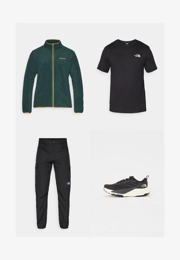 Columbia RUGGED RIDGE™ III FULL ZIP - Fleecetakki - spruce/delta; Mustat lyhythihaiset t-paidat, jotka on valmistettu puuvillasta. paidassa on pyöreä pääntie ja pieni valkoinen logo vasemmassa ylärintataskussa.; The North Face HORIZON PANT - Ulkohousut - black; Musta urheilujuoksukenkä, jossa on teksturoitu verkkomateriaali, kiinteät mustat yksityiskohdat ja valkoinen kevyt ulkopohja. Varustettu nauhakiinnityksellä ja vetonipulla.