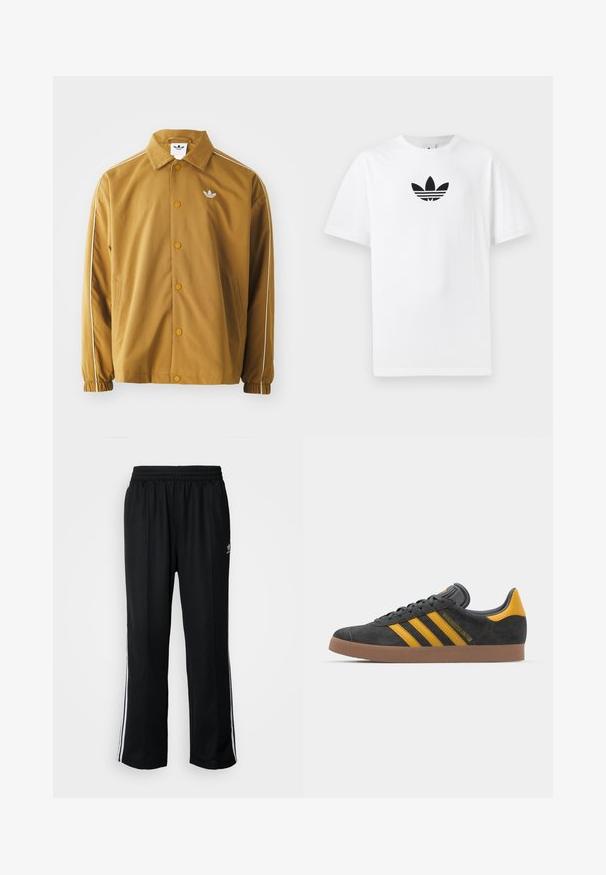 Rudas poliesterinis švarkas su klasikine apykakle, užsegamais mygtukais, elastingomis rankovėmis, baltomis šoninėmis juostelėmis ir siuvinėtu logotipu ant krūtinės.; Baltas medvilnės marškinėliai su juodu Adidas logo centre. Trumpomis rankovėmis ir apvalia kaklo iškirpte. Lygus audinys.; Juodi sportiniai keliai su elastingu juosmeniu, su baltais šonais ir mažu logotipu. Atrodo, kad medžiaga yra minkšta ir lengva.; Juodas zomšinės sportbačiai su geltonais akcentais, turintys tris juosteles ir rudą gumos padą. Apima paminkštintą liežuvėlį patogumui.