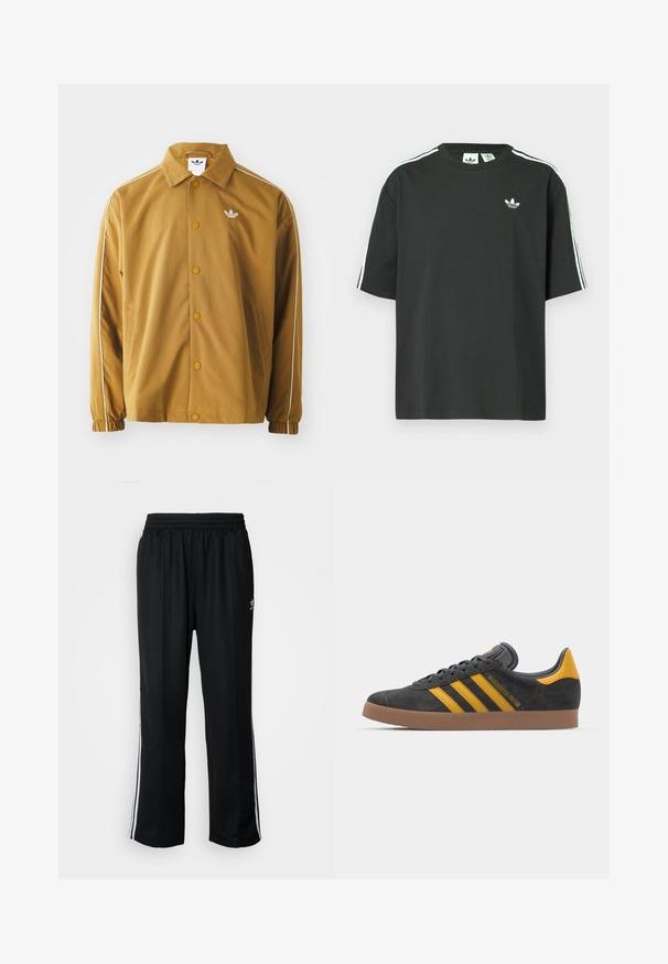 Brun polyesterjakke med klassisk krage, trykknapper, elastiske mansjetter, hvite side-striper, og brodert logo på brystet.; Svart t-skjorte i bomull med korte ermer, rund hals og hvite trestripesdetaljer på skuldrene. Har en liten hvit logo på brystet.; Sorte treningsbukser med elastisk midjebånd, med hvite sidestiper og en liten logo. Materialet ser mykt og lett ut.; Sort skinnesko i svart semsket skinn med gule detaljer, med tre striper og en brun gummisåle. Inkluderer en polstret tunge for komfort.