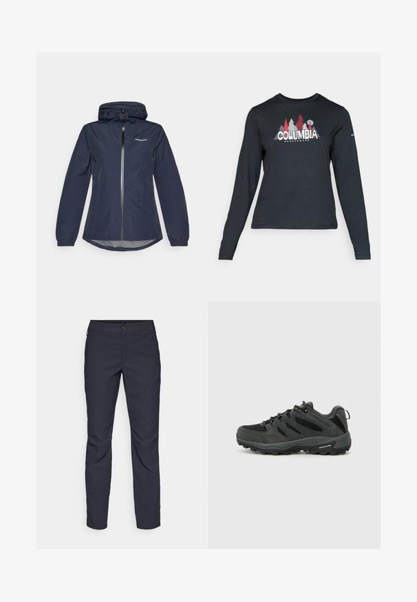 Jūrų mėlynos spalvos vandeniui atspari striukė su užtrauktuku priekyje, reguliuojama kepurėle, elastingomis rankogaliais ir kreivu apvadu. Kairėje krūtinės pusėje yra logotipas.; Ilga rankovė tamsiai pilka marškinėliai su raudonų medžių ir kalnų grafika; drąsaus baltos spalvos teksto "COLUMBIA" logotipas. Minkšta medžiaga, standartinis apvalus kaklas.; Tamsiai mėlynos kelnės, pagamintos iš lygaus audinio, su priekiniais mygtukais, lieknos silueto ir raukšlėmis ant kelių.; Columbia REDMOND - Turistiniai batai - black/citron haze