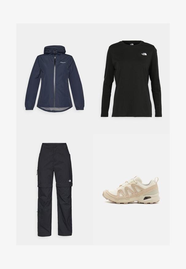Casaco impermeável azul marinho com fecho de correr à frente, capuz ajustável, punhos elásticos e um acabamento curved. Apresenta o logótipo no lado esquerdo do peito.; T-shirt preto de mangas longas, feito de algodão, com decote redondo. Apresenta um pequeno logótipo branco na área esquerda do peito. Design simples e ajuste confortável.; Calças cargo pretas em nylon com fechos de correr removíveis, punhos ajustáveis, múltiplos bolsos e um logótipo na perna direita. Textura suave e leve.; Sapatilha atlética beige e creme com parte superior em malha texturizada, sobreposições de suporte e sola de borracha com um padrão de cravo para tração.