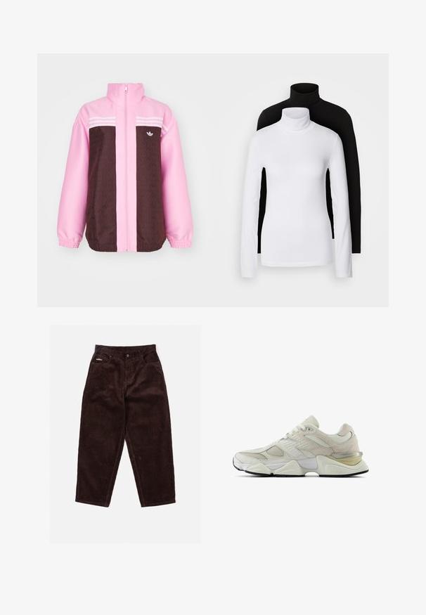 adidas Originals Tunn jacka - true pink; Två långärmade polotröjor, en vit och en svart, tillverkade av ett mjukt, elastiskt material, båda med en slim-fit design och höga kragar.; Bruna kordbyxor med rak benmodell, med knappknäppning fram, fem fickor och en subtil struktur från tygets ribbning.; Vita sneakers med ovandel i mesh och mocka, rundad tå och vadderad krage. Har reflektiva detaljer och en tjock, texturerad sula.