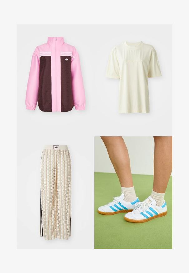 adidas Originals Let jakke / Sommerjakker - true pink; Cremefarvet bomulds T-shirt med rund hals, korte ærmer og præget "adidas" logo på brystet. Glat tekstur og afslappet pasform.; Cremefarvede bukser med vidde, der har et zigzag-mønster, med en sort logoelastik i taljen og sorte striber på siden. Letvægtigt, tekstureret stof.; Hvide sneakers med lyseblå striber, gummisål og snørebåndsdesign. Har guld branding og en glat læderlignende overflade.