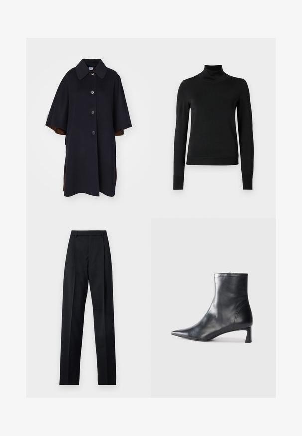 Schwarzer Wollmischungs-Mantel mit großem Kragen, der eine Knopf-Frontverschluss und kurze Ärmeln hat. Seitenschlitze enthüllen ein braunes Futter.; Schwarzer Langarmrollkragenpullover mit gerippten Bündchen und Saum, auf einem schlichten weißen Hintergrund präsentiert.; Schwarze Hosen aus glattem Stoff mit hoher Taille, weitem Bein, vorderen Falten und klassischen Gürtelschlaufen. Keine sichtbaren Seitentaschen.; Schwarze Lederstiefelette mit spitzer Zehe und schlankem Design. Verfügt über einen niedrigen Absatz und einen Reißverschluss hinten. Glatte Textur.