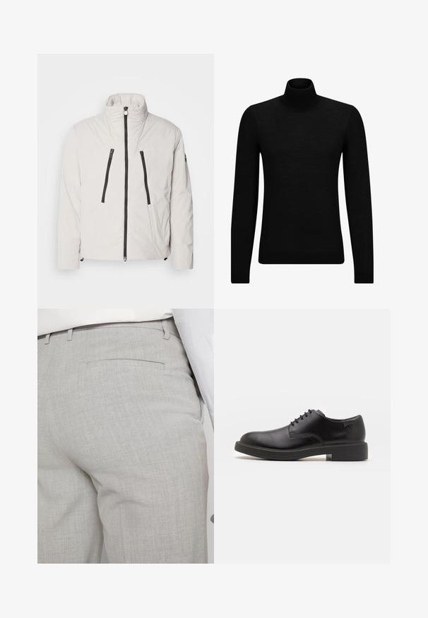 Padded white jacket with a high collar, two zippered front pockets, and black zipper accents. Features a streamlined, structured design.; Black turtleneck sweater made of soft material, featuring long sleeves and a snug fit. Ribbed trim at the hem and cuffs. Simple design.; Light gray tailored trousers made of textured fabric, featuring a single back pocket and clean stitching.; Black leather lace-up shoe with a rounded toe, smooth texture, minimal stitching, and a low rubber heel. Logo on the heel.