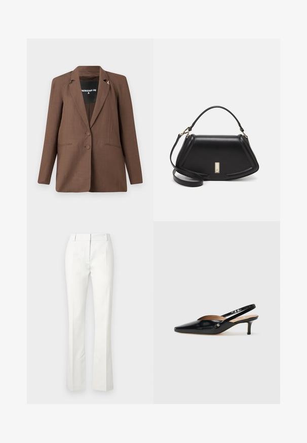 Barna blézer, szabott dizájnnal, kihajtott gallérral, két elülső gombbal és dekoratív arany kiegészítőkkel a vállakon.; Fekete pamut póló kerek nyakkivágással, rövid ujjakkal és hímzett logóval a mellkasán. Egyszerű, laza szabás, minta nélkül.; Fehér, testreszabott nadrág, harang alakú aljjal, elülső redőkkel és sima textúrával, könnyű anyagból készült.; Fekete lakkbőr slingback pump, hegyes orral, kisméretű sarokkal és kivágott dizájnnal a vamp részen. Arany színű kiegészítő az oldalon.; Fekete bőr kézitáska, strukturált dizájnnal, rövidített formával, felső fogantyúval és arany színű kiegészítőkkel. Állítható vállpánt is tartozik hozzá.