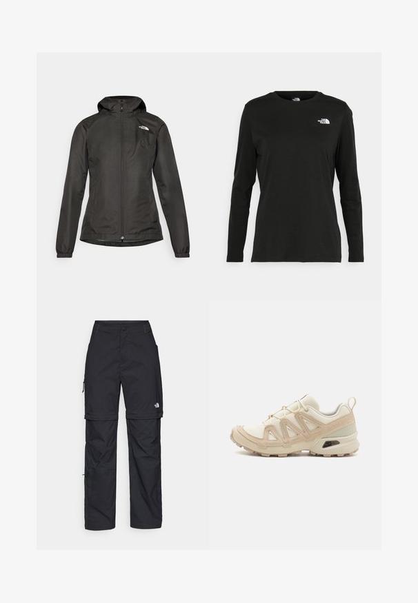 Schwarze Windbreaker-Jacke mit Kapuze, Reißverschluss vorne, elastischen Bündchen und einem kleinen Logo auf der oberen linken Brust. Glattes, wasserabweisendes Material.; Schwarzes Langarm-T-Shirt aus Baumwolle mit Rundhalsausschnitt. Verfügt über ein kleines weißes Logo auf der linken Brustseite. Einfaches Design und Passform.; Schwarze Nylon-Zip-Off-Cargohosen mit verstellbaren Bündchen, mehreren Taschen und einem Logo am rechten Bein. Glatte, leichte Textur.; Beige und cremefarbenen Sportschuh mit strukturiertem Mesh-Obermaterial, unterstützenden Überzügen und Gummisohle mit einem Profilmuster für Bodenhaftung.