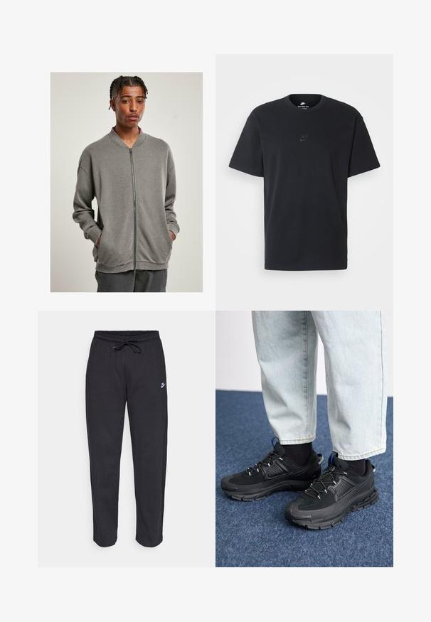 Hallitusest hall zip-up sviiter, millel on soonikkoes kaelus, pikad varrukad ja küljetaskud, valmistatud pehmest kangast, millel on sile tekstuur.; Nike musta mustast puuvillast T-särk klassikalise ümmarguse kaelusega, lühikeste varrukatega ja õrna, reljeefse logoga rinnal. Sile tekstuur.; Mustad mustad, pehmest kangast, elastse vöökoha, nööriga ja väikese Nike logo'ga vasakul reiel.; Mustad mustad jooksukingad, millel on tekstureeritud kangas ja kummist tallad, elastsed nöörid ning sinine aksent kandadel. Kandmine heledate teksadega.
