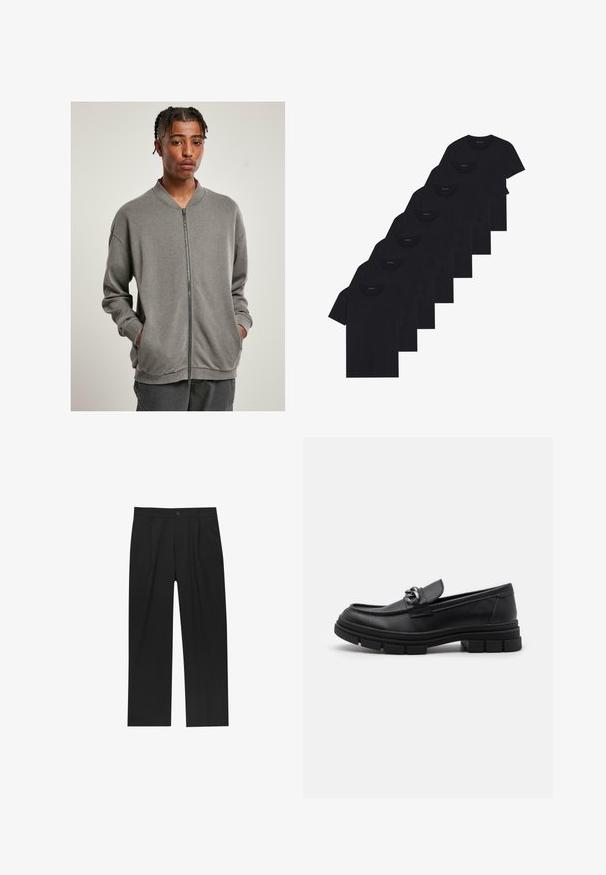 Hanorac gri cu fermoar, având o guler texturat, mâneci lungi și buzunare laterale, confecționat dintr-un material moale cu o textură netedă.; Set de opt tricouri negre din bumbac cu mâneci scurte și gât rotund, având un design simplu și o textură moale.; Pantaloni negri cu un design drept, fabricați dintr-un material neted. Au plisse în față și un sistem de închidere cu un singur buton la talie.; Mocasini din piele neagră cu vârful rotund, o curea decorativă și accesorii metalice, și o talpă chunky texturată. Finisaj neted cu detalii subtile.