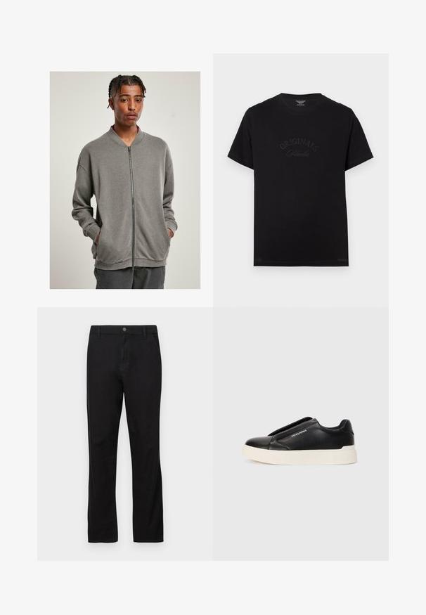 Szürke cipzáras pulóver, bordázott gallérral, hosszú ujjaival és oldalsó zsebekkel, puha anyagból, sima tapintással.; Fekete pamut póló rövid ujjakkal és kerek nyakkivágással. Az elején tónusos betűkkel a "ORIGINALS Studio" felirat látható.; Fekete pamut nadrág, egyenes szárú kialakítással, gombos záródással, elülső és hátsó zsebekkel, sima textúrával.; Fekete slip-on sneaker, textúrált bőrfelsővel, fehér gumitalppal és láthatatlan fűzőkkel. Az oldalon a márka logója található.
