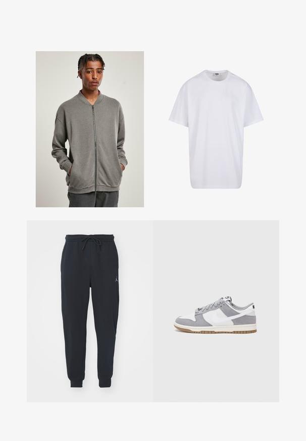 Sweatshirt zippé gris avec un col côtelé, des manches longues et des poches latérales, fabriqué en tissu doux avec une texture lisse.; T-shirt en coton blanc avec des manches courtes, un col rond, une coupe décontractée et sans logos ni motifs visibles. Texture lisse et design minimaliste.; Pantalons de jogging noirs en tissu doux, dotés d'une taille élastique avec un cordon de serrage, de poignets côtelés et d'un petit logo sur la cuisse gauche.; Les baskets Nike présentent une tige en daim gris et cuir blanc avec des perforations, des lacets ronds et une semelle en gomme pour une meilleure adhérence.