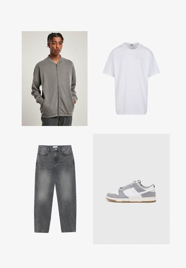 Šedá mikina na zip s žebrovaným límcem, dlouhými rukávy a bočními kapsami, vyrobená z měkké tkaniny s hladkou strukturou.; Bílé triko z bavlny s krátkým rukávem, kulatým výstřihem, volným střihem a bez viditelných log či vzorů. Hladká textura a minimalistický design.; Kalhoty s vysokým pasem, volného střihu, vyrobené z vybledlého černého denimu. Mají pět kapes, poutka na opasek a čistý, rovný střih nohavic.; Tenisky Nike mají šedý semišový a bílý kožený svršek s perforacemi, kulaté tkaničky a gumovou podrážku pro lepší trakci.