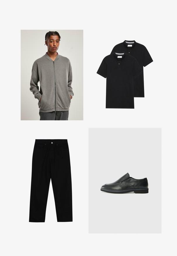 Grijze zip-up sweatshirt met een geribbelde kraag, lange mouwen en zijzakken, gemaakt van zachte stof met een gladde textuur.; Twee zwarte polo shirts, met korte mouwen, van katoen, met een klassieke kraag, een knoopsluiting met twee knopen en witte gestreepte accenten aan de binnenkant van de kraag.; Zwarte denim broek met een recht gesneden pasvorm, vijf gebruikersvriendelijke zakken en een sluiting met een knoop aan de voorkant. Soepele textuur met minimale stikdetails.; Zwarte leren instapper met een soepele bovenkant, gestikte accenten, ronde neus en een lage rubberen hak. De zool heeft minimale profiel.