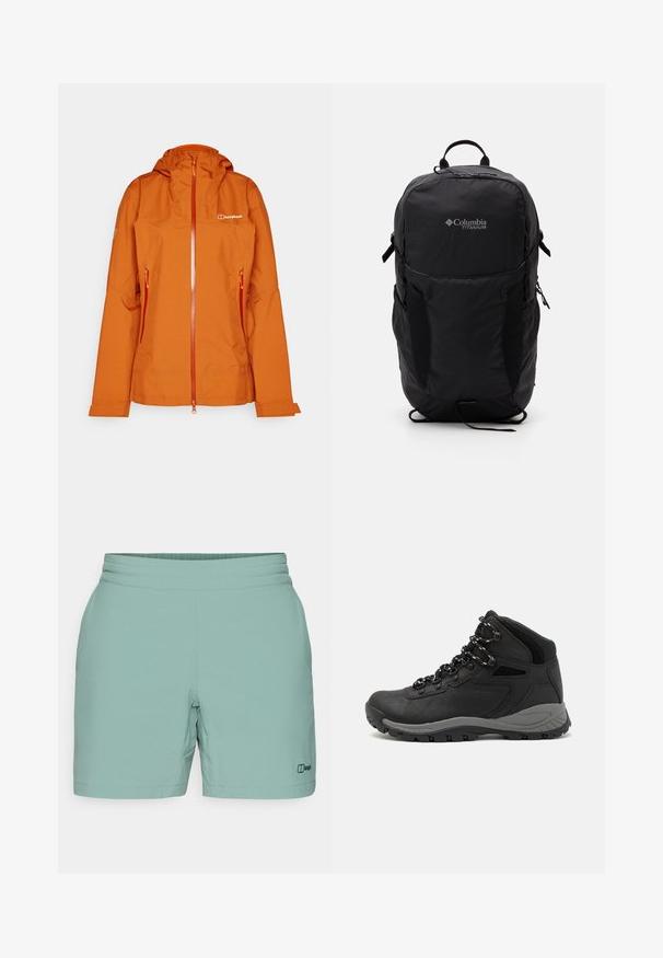 Orange waterproof jacket with a hood, front zipper, and two side pockets. Features a smooth texture and the brand logo on the chest.; Green short-sleeve t-shirt made of soft fabric. Features a round neck and a small yellow palm tree embroidery on the left chest.; Light green shorts made of soft fabric, featuring a smooth waistband and a small black logo on the lower side. Simple, functional design.; Black hiking boot with a mid-top design, featuring a textured upper, gray accents, and durable rubber sole with traction lugs.; Black Columbia Titanium backpack with a smooth fabric texture, side pockets, top handle, and adjustable straps. Minimalist design with subtle branding.