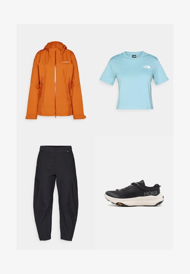 Oranžs ūdensnecaurlaidīgs apmetnis ar kapuci, priekšējo rāvējslēdzēju un divām sānu kabatām. Tam ir gluda tekstūra un zīmola logo uz krūtīm.; Gaiši zils kokvilnas T-krekls ar īsām piedurknēm un apaļu kakla izgriezumu. Uz krūšu ir neliels balts logo, un tam ir brīvs piegriezums.; Melni, brīvi pieguļoši bikses ar pogu aizdari un sānu kabatām, izliktas uz balta fona.; Melni sporta apavi ar elpojošu režģi augšdaļā, gumijas zoli, baltu amortizējošu starpzoli un atstarotājām šņorēm. Vibram logo uz zoles.