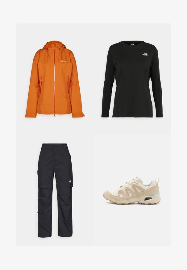 Chaqueta impermeable naranja con capucha, cremallera frontal y dos bolsillos laterales. Presenta una textura suave y el logo de la marca en el pecho.; Camiseta de manga larga negra de algodón con cuello redondo. Presenta un pequeño logotipo blanco en la parte izquierda del pecho. Diseño y ajuste simples.; Pantalones cargo de nailon negro con cremallera desmontable, puños ajustables, múltiples bolsillos y un logotipo en la pierna derecha. Textura suave y ligera.; Zapatilla deportiva beige y crema con parte superior de malla texturizada, superposiciones de soporte y suela de goma con un patrón de tracción.