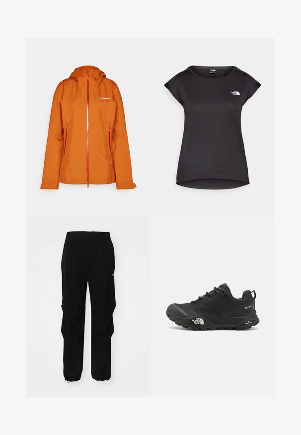 Oranžinė vandeniui atspari striukė su kapišonu, priekiniais užtrauktukais ir dviem šoninėmis kišenėmis. Funkcionalus glotnus audinys ir prekės ženklas ant krūtinės.; The North Face TANKEN TANK - Sportiniai marškinėliai trumpomis rankovėmis - black; Juodos lauko kelnės, pagamintos iš tvirto medžiagos, su laisvu siluetu, elastinga juosmens juosta ir surišamais rankogaliais, leidžiančiais reguliuoti ilgį.; Juodas žygio batelis su tekstūruotu viršumi, su raištelių uždarymu ir storu guminiu padu, ant šono išryškintas logotipas ir raštiškai išpjauti modeliai.