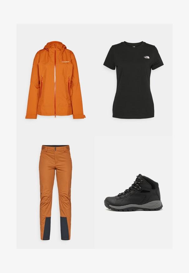 Orange vandtæt jakke med hætte, frontlynlås og to sidelommer. Har en glat overflade og brandlogoet på brystet.; Sort bomulds T-shirt med rund halsudskæring og korte ærmer. Bemærkelsesværdig hvid logo på øverste venstre side. Glat tekstur, afslappet pasform.; Orange udendørbukser med lige snit, der har mørkeblå detaljer ved underbenene, to frontlommer med lynlås og knaplukning.; Sort vandrestøvle med en mellem-højde design, der har en tekstureret overdel, grå detaljer og en holdbar gummisål med skridsikre klodser.