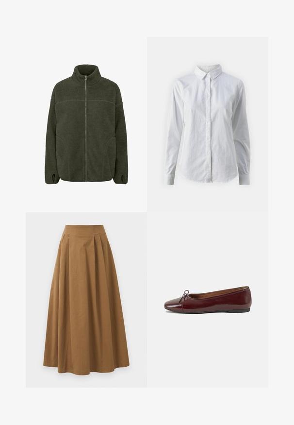 Tamsiai žalia pūkinė striukė su aukštu apykakle, pilnu priekiu užtrauktuku, šoniniais kišenėmis ir skylutėmis nykščiams. Minkšta tekstūra ir laisvas kirpimas.; Balta marškinėliai su mygtukais, pagaminti iš lygios medvilnės, su klasikiniais apykaklės, ilgomis rankovėmis ir lenktu kraštu. Mygtukai maži ir balti.; Ruda medvilninė A formos sijonas su aukštu liemeniu, puikuojantis klostėmis priekyje ir lygia tekstūra. Apdailos kraštai yra švarūs ir paprasti.; Bordo lakiotos odos baleto bateliai su apvalia nosimi, maža kaspinėlio akcentu priekyje ir žema juoda guma padanga. Lygi tekstūra.