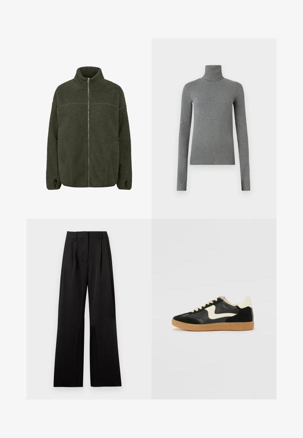 Flis jakna u tamnozelenoj boji s visokim ovratnikom, punim prednjim patentnim zatvaračem, bočnim džepovima i otvorima za palčeve. Mekana tekstura s opuštenim krojem.; Sivi rolak majica izrađena od glatkog, rastezljivog materijala. Dugi rukavi, prilagođenog kroja, minimalne teksture, bez vidljivih uzoraka ili dodataka.; Crne široke hlače sa glatkom teksturom, s prednjim plisiranjima, ravnim pojasom i petljama za remen. Jednostavan, krojeni dizajn.; Crna nubuk i kožna tenisica s kremastim bočnim swooshom i svijetlom kremastom petom. Sadrži bež vezice i gumu na potplatu.