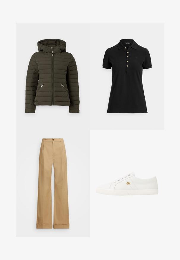 Lauren Ralph Lauren Ziemas jaka - loden; Melna polo krekls no teksturēta auduma ar apkakli, īsām piedurknēm un aizdari ar zelta pogām. Uz krūtīm ir neliels logotips.; Bežīgas platās bikses ar pogu aizdari, kurām ir gluda tekstūra un presētās krokas. Ar aproces apakšmalēm papildu detaļām.; Lauren Ralph Lauren JANSON II CANVAS SNEAKER - Sporta apavi - optic white