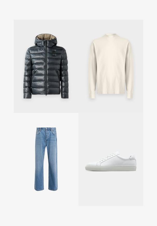 Dunkelgraue Pufferjacke mit glänzender Oberfläche, horizontaler Steppung, abnehmbarer Kapuze und Reißverschlussverschlüssen an den vorderen und seitlichen Taschen.; Langärmliges Shirt mit Stehkragen aus leichtem cremefarbenem Baumwollstoff. Glatte Textur, lockere Passform, minimalistisches Design, keine sichtbaren Muster oder Akzente.; Helle blaue Jeans im Geradeschnitt-Design, mit fünf Taschen, Knopfverschluss, minimaler Ausbleichung und kontrastierenden Nähdetails.; Weißer Sneaker mit glattem Lederobermaterial und niedrigem Profil. Verfügt über eine runde Zehenpartie, sechs Ösen und eine strukturierte Gummisohle.