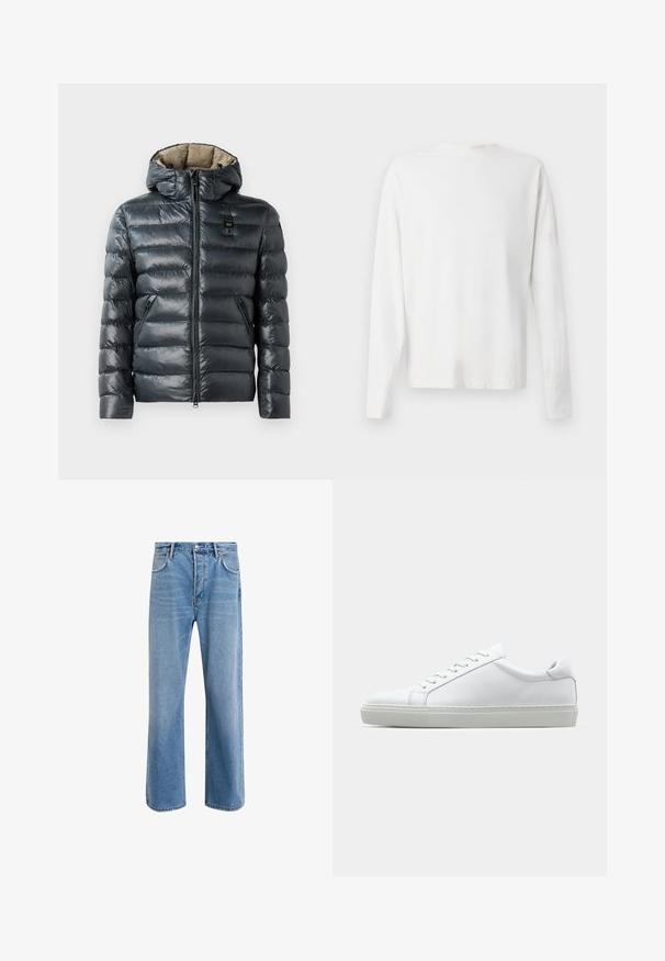 Donkergrijze pufferjack met een glanzende afwerking, horizontaal gestikt ontwerp, afneembare capuchon en ritsen op de voorkant en zijzakken.; Witte katoenen blouse met lange mouwen en een ronde halslijn, met zijsplitten aan de onderkant en een gladde textuur, vanuit de achterkant weergegeven.; Lichtblauwe denim jeans met een straight-leg ontwerp, vijf zakken, knoopsluiting, minimale vervaging en contrasterende stikseldetails.; Witte sneaker met een gladlederen bovenwerk en een laag profiel. Voorzien van een ronde neus, zes vetergaatjes en een gestructureerde rubberen zool.