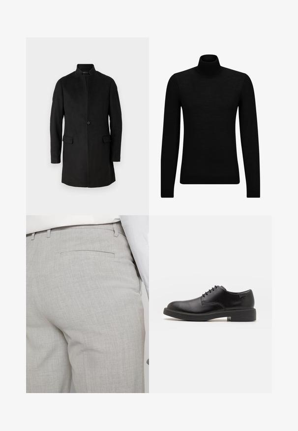 Cappotto in misto lana nero con colletto alto, chiusura frontale a bottoni e due tasche laterali. Vestibilità sartoriale con una texture liscia.; Maglione a collo alto nero realizzato in materiale morbido, con maniche lunghe e vestibilità aderente. Bordo a coste all'orlo e ai polsini. Design semplice.; Pantaloni sartoriali grigio chiaro realizzati in tessuto strutturato, con una tasca posteriore singola e cuciture pulite.; Scarpa nera in pelle con lacci, punta tonda, texture liscia, cuciture minime e tacco in gomma basso. Logo sul tacco.