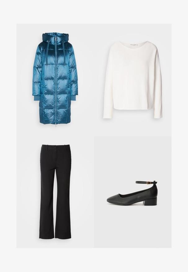 Mos Mosh JACKET - Dūnu mētelis - bluesteel; Garās piedurknes, apaļā kakla augšdaļa no mīkstas, vieglas, baltas auduma ar brīvu piegriezumu. Iezīmē tīru apakšmalu un bez redzamām detaļām.; Melni kokvilnas auduma bikses ar taisnu kāju dizainu, priekšējo pogu aizdari un divām sānu kabatām. Gluda tekstūra, bez redzamām rakstu zīmēm.; Melnas ādas sūkņi ar smailu purngalu un zemu bloku papēdi. Iezīmēts ar potītes siksniņu ar zelta krāsas sprādzi. Gluda tekstūra.