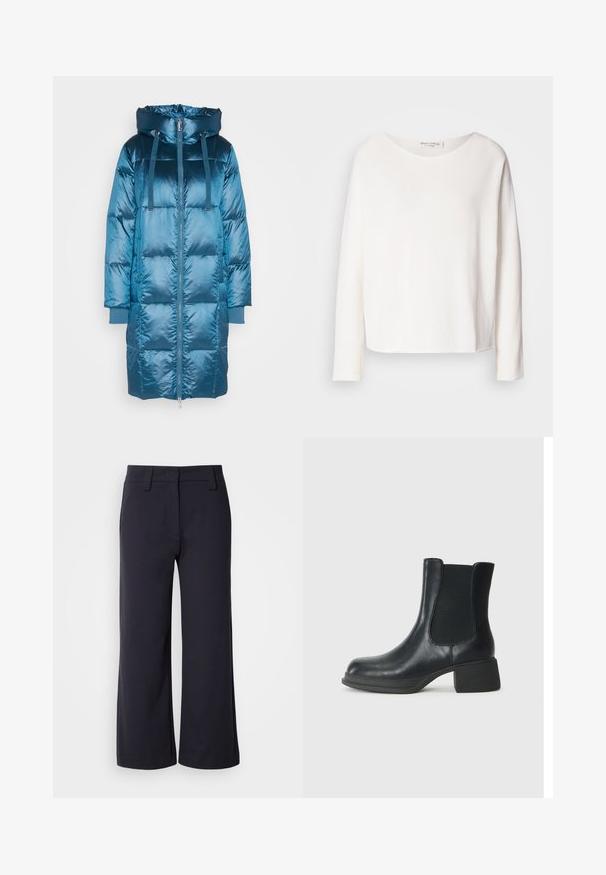 Mos Mosh JACKET - Pūkinis paltas - bluesteel; Ilgas rankovės, apvalaus kaklo viršus iš minkštos, lengvos baltos medžiagos su laisvu kirpimu. Savybės - švarus apvadas ir jokių matomų detalių.; Plati kelnės tamsiai mėlynos spalvos audinio. Yra lygus priekinis dizainas, dirželių kilpelės ir šoninės kišenės. Medžiaga yra lygi su lengvu elastingumu.; Juodos odinės kulkšninių botai su elastingais šonais, suapvalintu bato pirštu ir žemu bloko kulnu. Paviršius yra lygus ir turi minimalų dekoravimą.