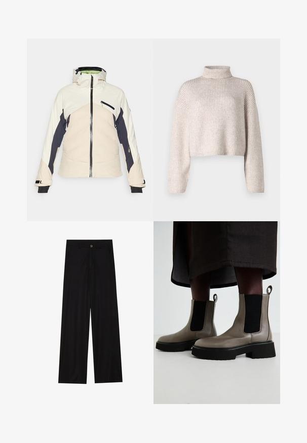 Krémszínű, sötétkék és világosrózsaszín párnázott dzseki. Zipperes elülső rész, állítható kapucni és két cipzáros oldalzseb jellemzi. Fekete mandzsetták.; Krém színű bordázott kötött pulóver magas gallérral, crop fazonnal és hosszú ujjal. Puha textúra, könnyű anyag és minimális részletezés.; Lazán szabott, sima anyagú fekete nadrág, elülső zsebekkel és gombos derékzárral. Minimalista dizájn, minta nélküli.; Szürke bokacsizmák texturált bőrből, elasztikus oldalpanellel és vastag fekete talppal. Könnyű felvételt biztosító húzófülek találhatók rajtuk.