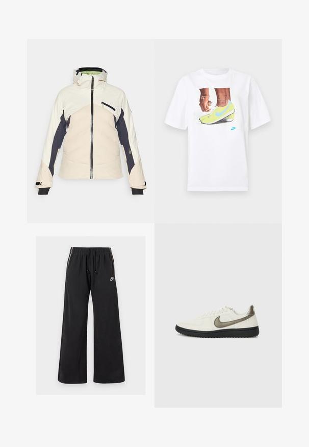 Pěnová bunda v krémové, námořnické a světle růžové barvě. Obsahuje zipovou přední část, nastavitelné kapuce a dvě boční kapsy se zipem. Černé manžety.; Bílý bavlněný tričko s grafikou nohou v žlutých kopačkách Nike s modrými akcenty, doplněné náramkem na levém zápěstí.; Černé tepláky vyrobené z měkké látky, s elastickým pasem a stahovací šňůrou, bočními pruhy a malým logem na levé přední straně.; Nike Sportswear FIELD GENERAL - Tenisky - off-white/black