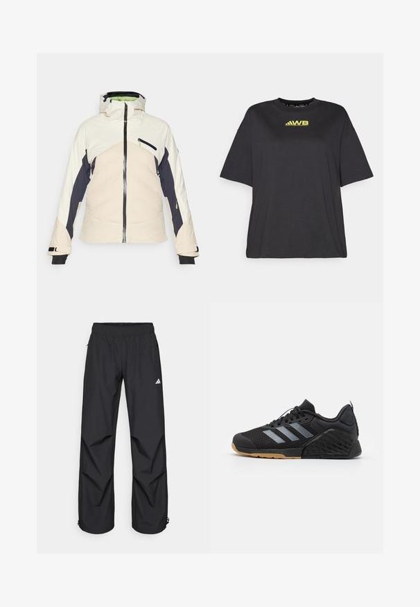 Krems krāsas, tumši zila un gaiši rozā pufīgā jaka. Aprīkota ar rāvējslēdzēja priekšpusi, regulējamu kapuci un divām rāvējslēdzēja sānu kabatām. Melni piedurknes.; Melnā īsām piedurknēm T-krekls, izgatavots no mīkstas kokvilnas, ar brīvu piegriezumu, apaļu kakla izgriezumu un dzelteno logo uz krūtīm.; Melni, viegli, ūdensizturīgi bikses ar elastīgu jostu, sānu kabatām un regulējamiem aproces galiem. Iezīmē baltu logo kreisajā augšstilbā.; Melna sporta kurpe ar acs virsu, pelēks trīs līniju dizains, gumijas zole un teksturēti akcenti uz papēža un sāniem.